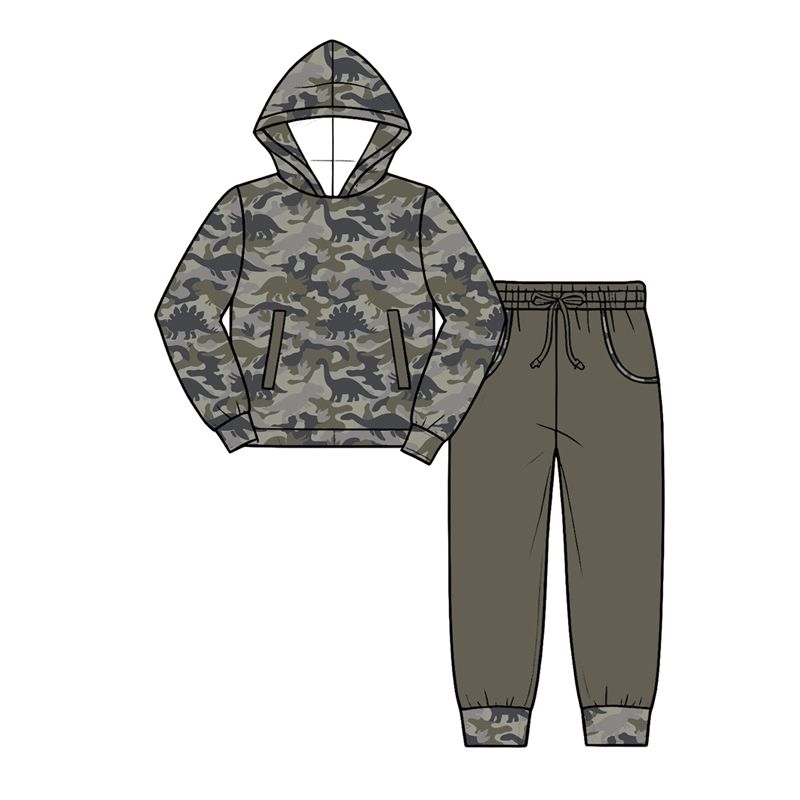 ( Moq 5 ) Preorder Baby Boys Kids Long Sleeves Dinosaurs Hoodie Pullover Pockets Pants Set Clothes