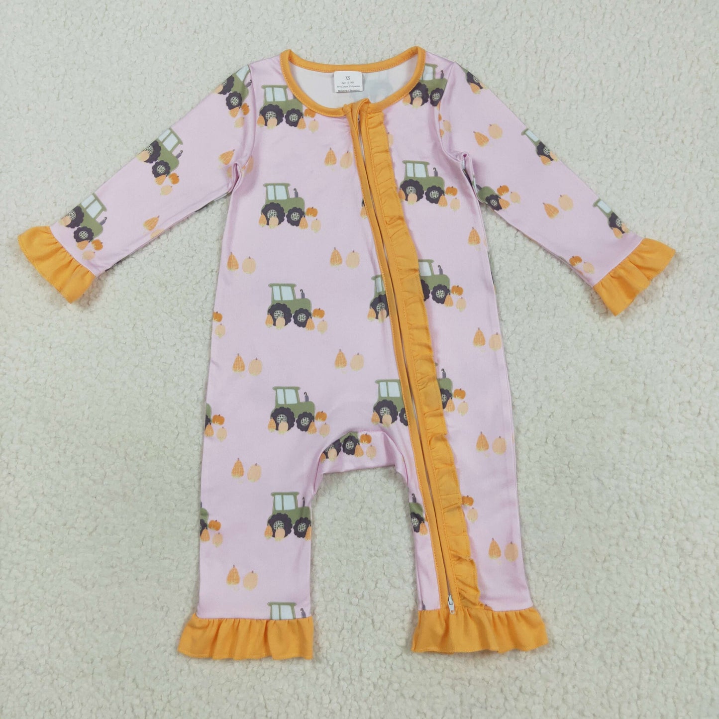 Baby Girl Pink Long Sleeves Pumpkins Tractors Zipper Thanksgiving Romper RTS