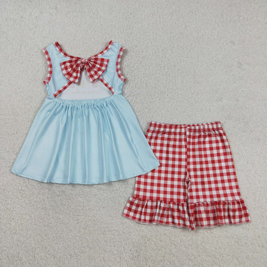 Baby Girls Kids Sleeveless Blue Tunic Red Plaid Ruffle Shorts Set RTS