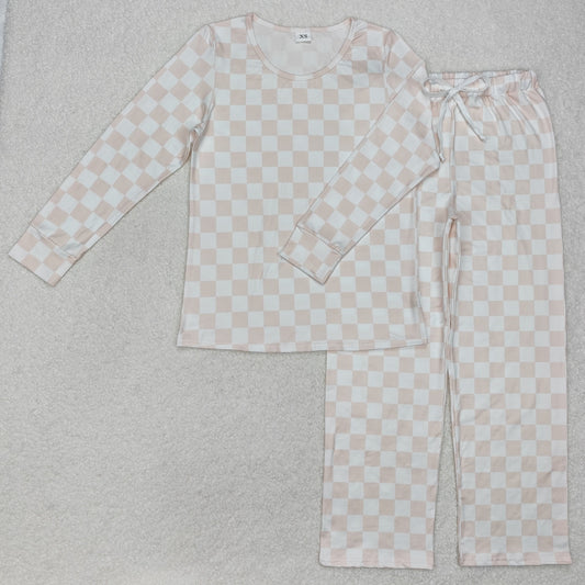 Adult Women Long Sleeves Checkered Long Sleeve Tops Pants Pajamas Outfit