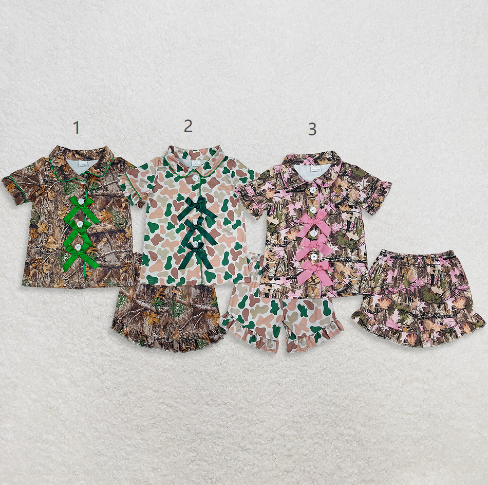 Sibling Baby Girls Kids Bows Buttons Shirts Camo Ruffle Shorts Hunting Pajamas Sets RTS