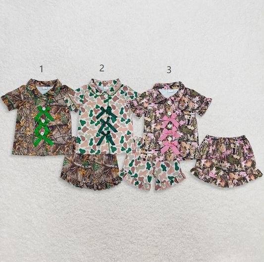 Sibling Baby Girls Kids Bows Buttons Shirts Camo Ruffle Shorts Hunting Pajamas Sets RTS