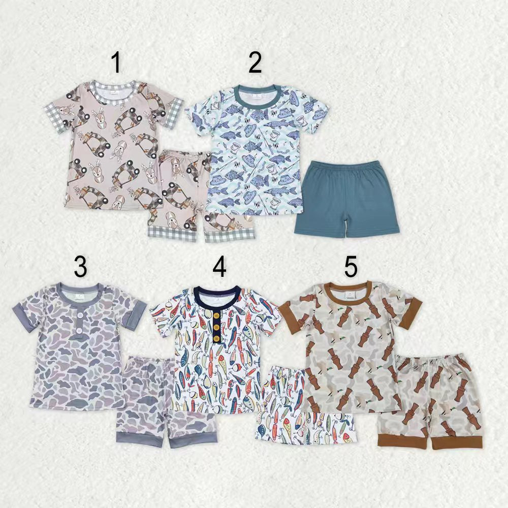 Sibling Baby Boys Short Sleeves Deer Fishing Shirts Shorts Hunting Pajamas Sets RTS