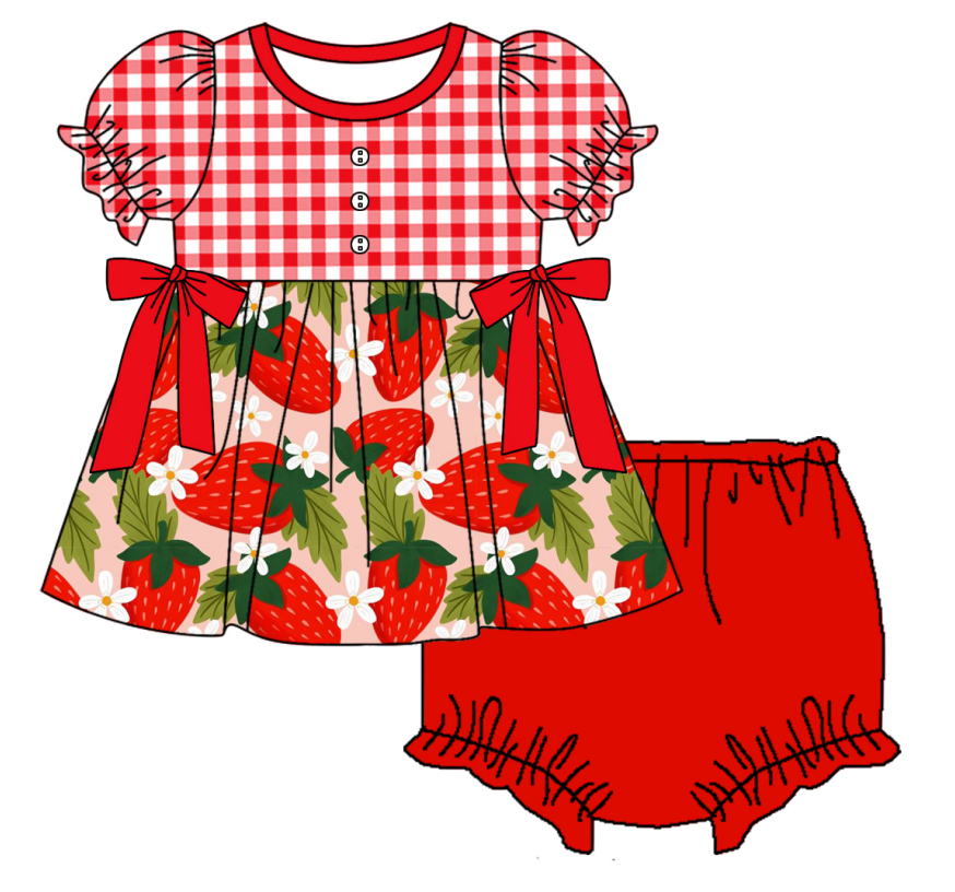 Baby Girl Short Sleeves Strawberry Flower Sibling Romper Dress Clothes Set ( Moq 5 Each Design )