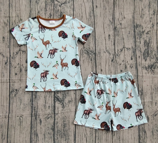 ( No moq ) Preorder Baby Boys Kids Short Sleeves Deer Ducks turkey Shirt Shorts Hunting Pajamas Set