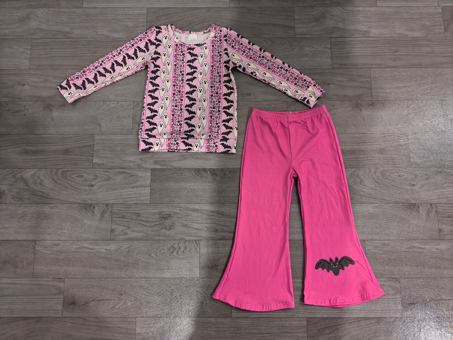( No moq ) Preorder Baby Girls Kids Long Sleeves Ghosts Bats Shirt Bell Pants Halloween Set Clothes