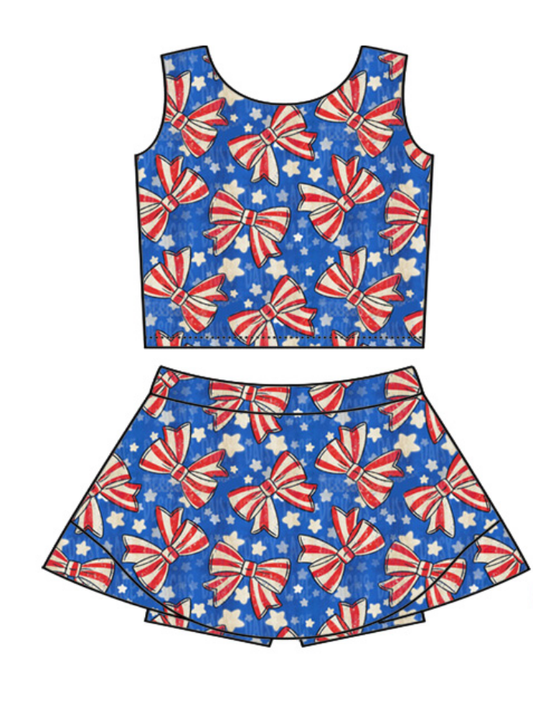 ( Moq 5 ) Baby Girls Kids Sleeveless Bows Stars 4th of July Tops Skirt Shorts Set Clothes