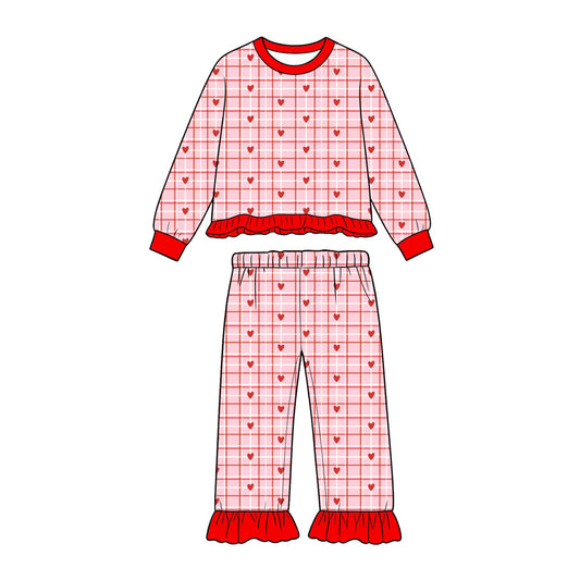 ( Moq 5 ) Preorder Baby Girls Kids Long Sleeves Hearts Plaid Shirt Pants Set Valentine Clothes