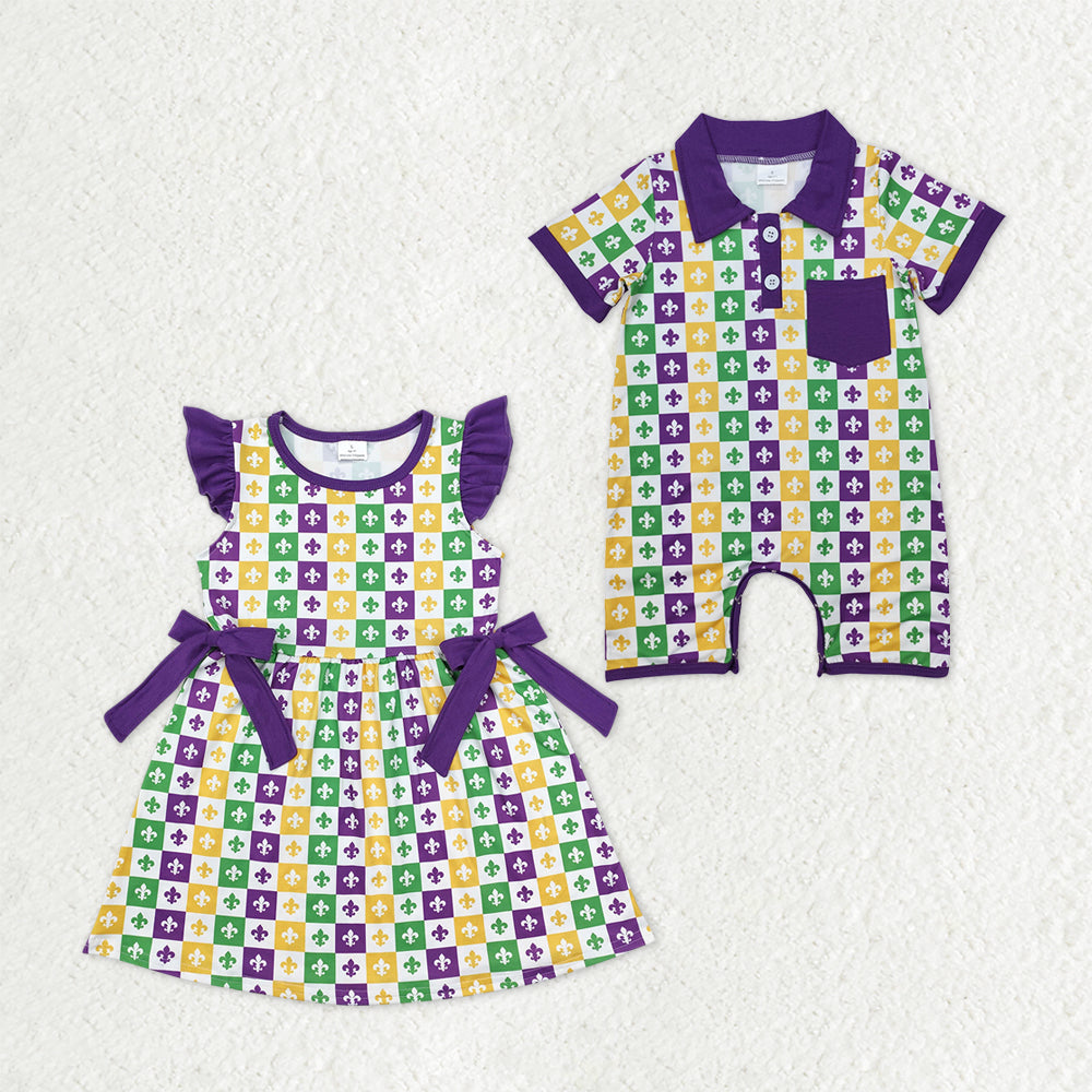 Sibling Baby Boys Girls Short Sleeves Mardi Gras Anchors Checked Buttons Romper Knee Length Dress RTS