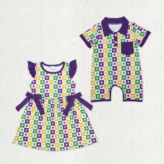 Sibling Baby Boys Girls Short Sleeves Mardi Gras Anchors Checked Buttons Romper Knee Length Dress RTS