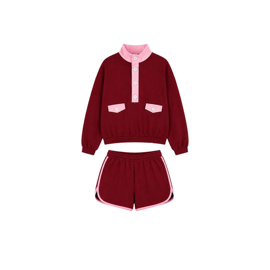( Moq 5 ) Preorder Baby Girls Kids Long Sleeves Pockets Buttons Shirt Shorts Cotton Set Clothes