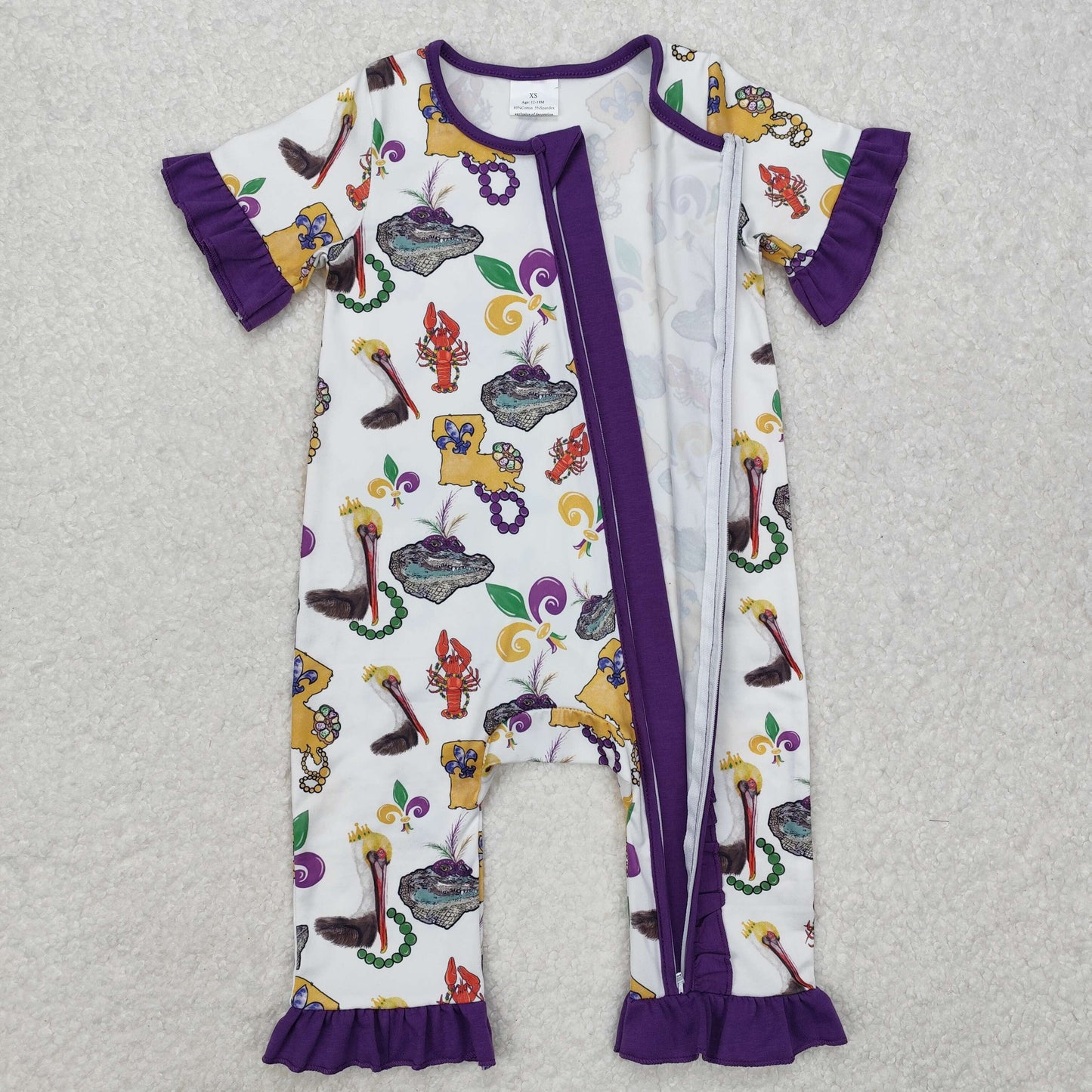 RTS Baby Girl Infant Short Sleeves Mardi Gras Bird Crawfish Ruffle Zipper Romper