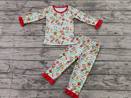 Baby Girl Long Sleeves Green Stripes Shirt Pants Pajamas Christmas Set