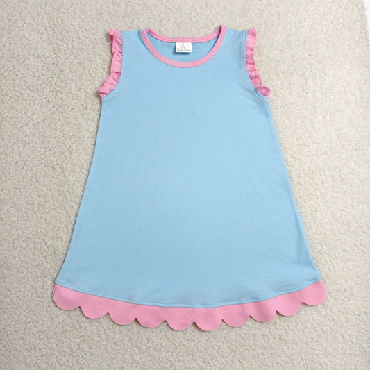 Baby Girls Kids Sleeveless Pink Scallop Knee Length Blue Dress Clothes RTS