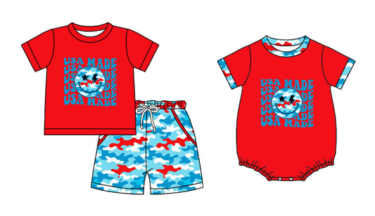 ( Moq 5 Each Style ) Sibling Baby Boys Kids Shirt Pockets Shorts 4th of July Camo Set Romper