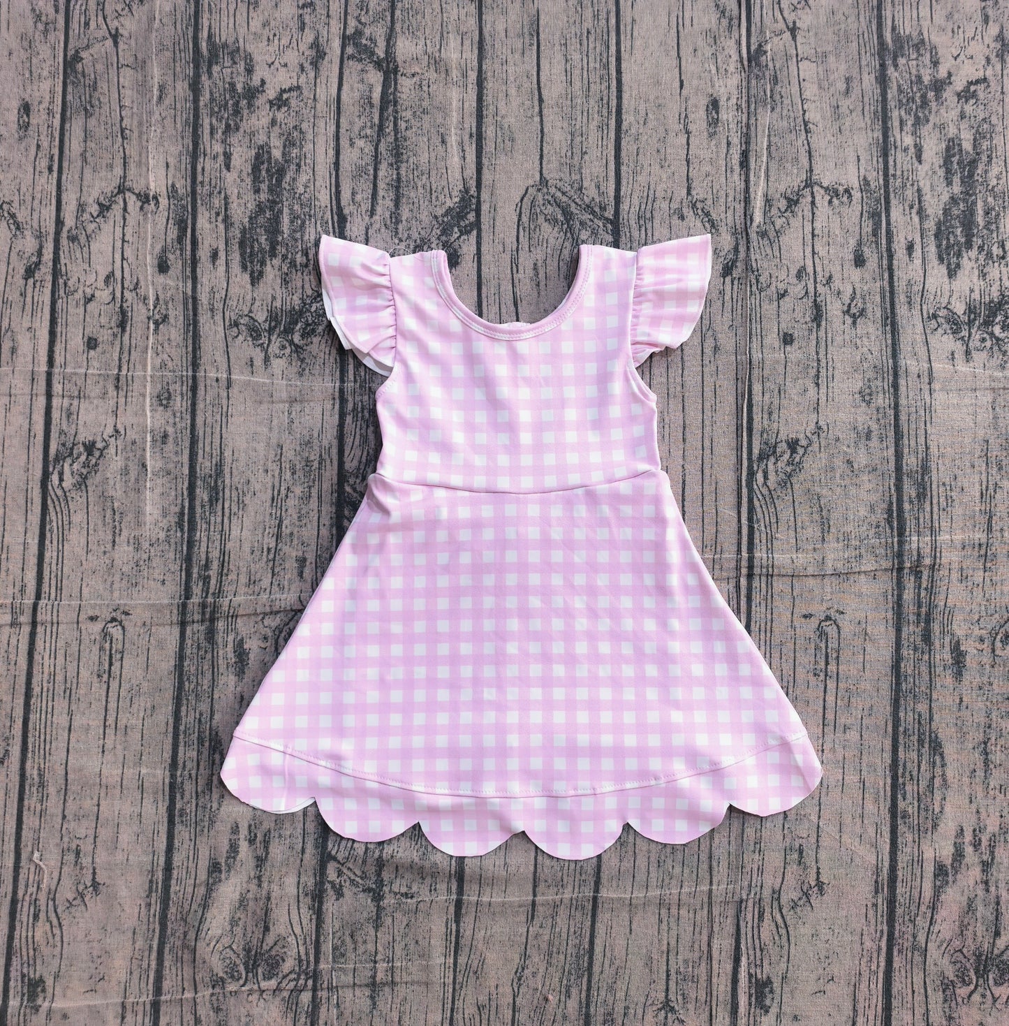 ( No moq ) Preorder Baby Girls Kids Short Sleeves Pink Plaid Yoga Active Knee Length Dress