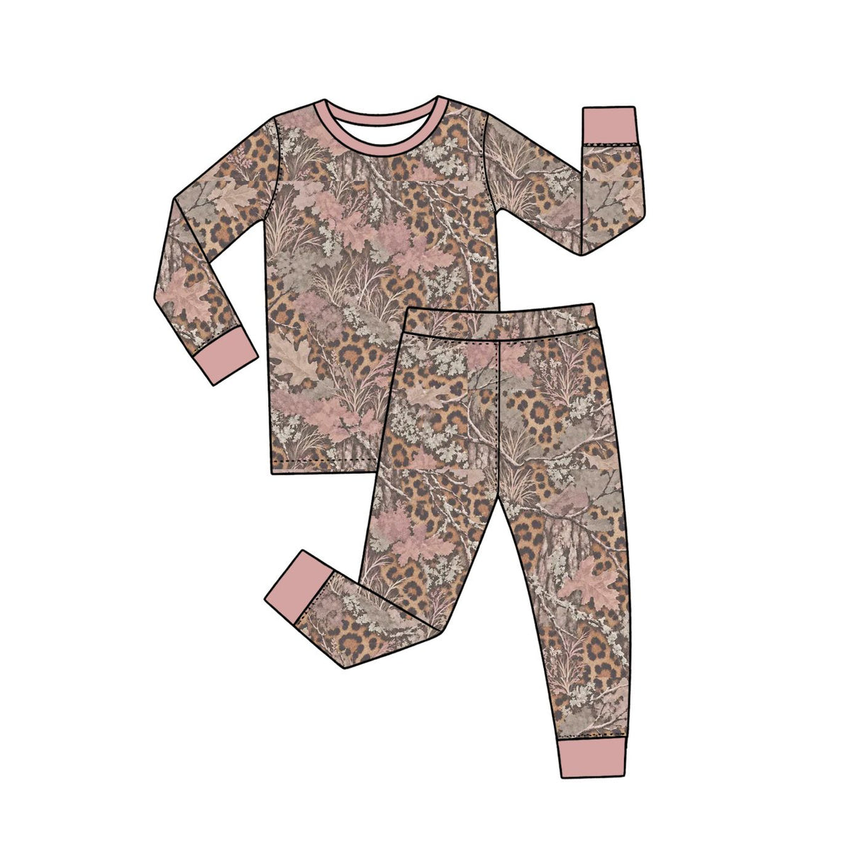 ( Moq 5 ) Preorder Baby Girls Kids Long Sleeves Leaves Leopard Shirt Pants Set Pajamas Clothes