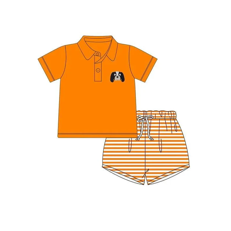 Baby Boy Short Sleeves Dog Orange Shirt Stripes Shorts Team Summer Clothes Set Moq 5
