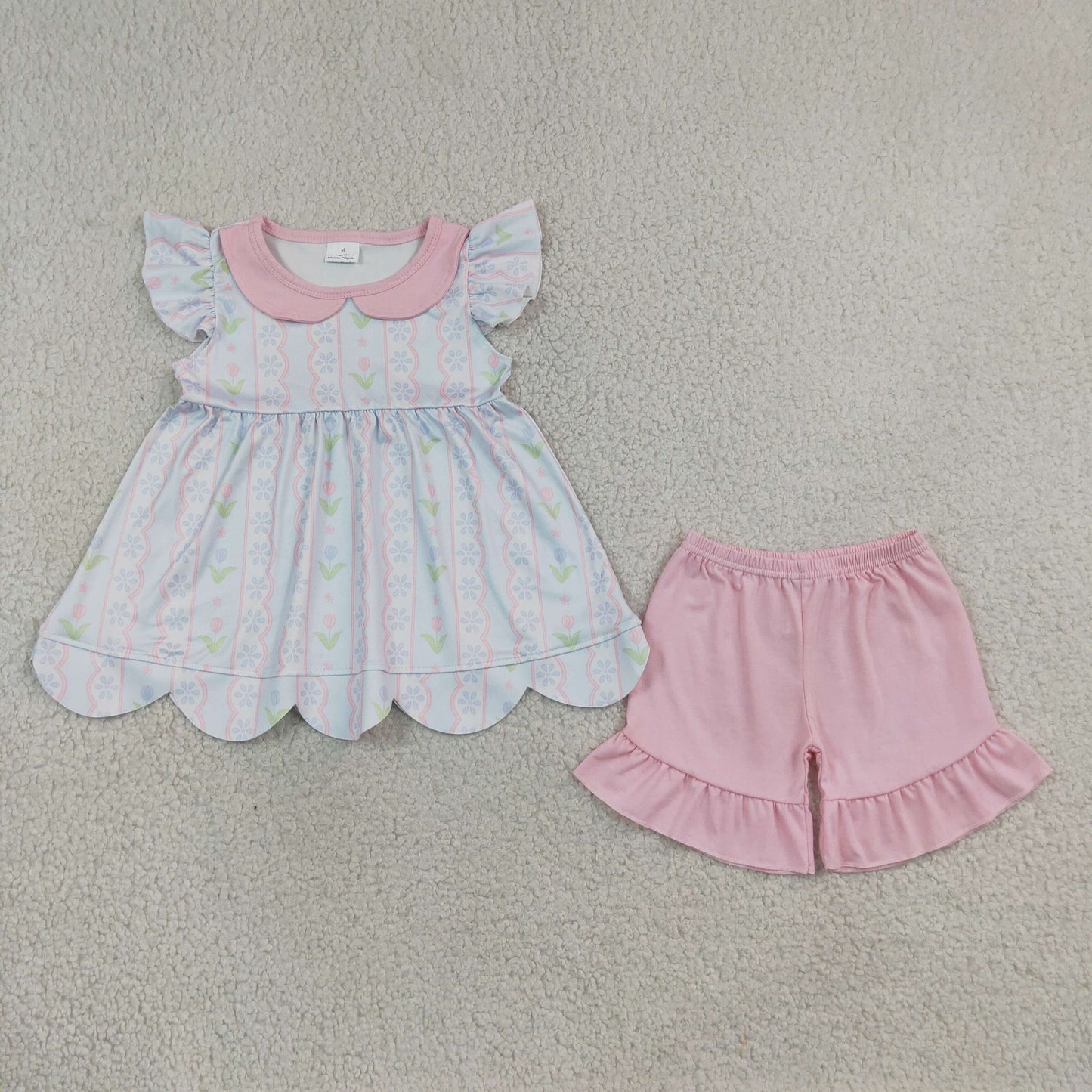 Sibling Baby Girls Kids Short Sleeves Flower Scallop Dress Set RTS