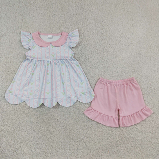Baby Girls Short Sleeves Flower Scallop Tunic Pink Shorts Set Clothes RTS