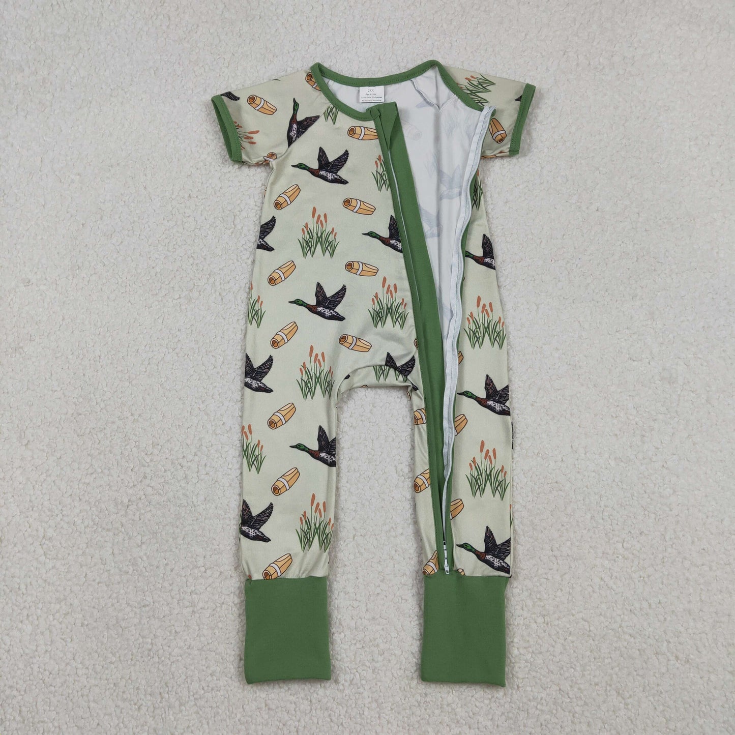 Baby Boys Short Sleeves Ducks Green Zipper Sleeper Hunting Romper RTS