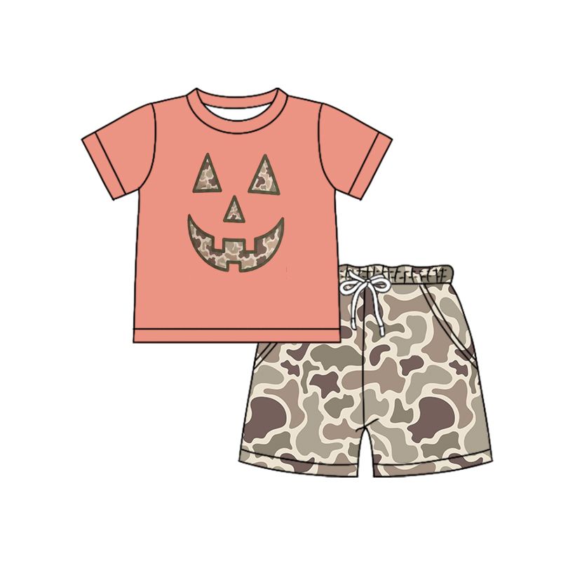 ( Moq 5 ) Preorder Baby Boys Kids Short Sleeves Smile Shirt Pockets Shorts Camo Set Clothes