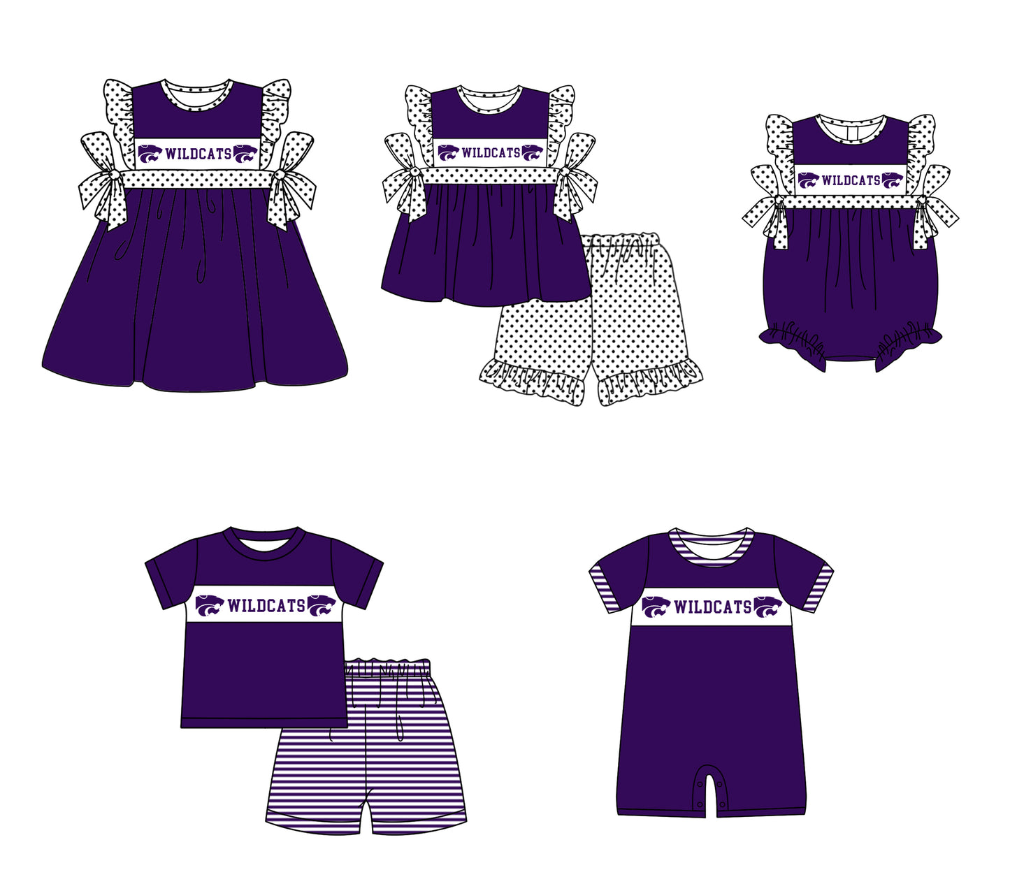 ( Moq 5 Each Style ) Baby Boys Girls Short Sleeves Team Sibling Purple Romper Dress Set
