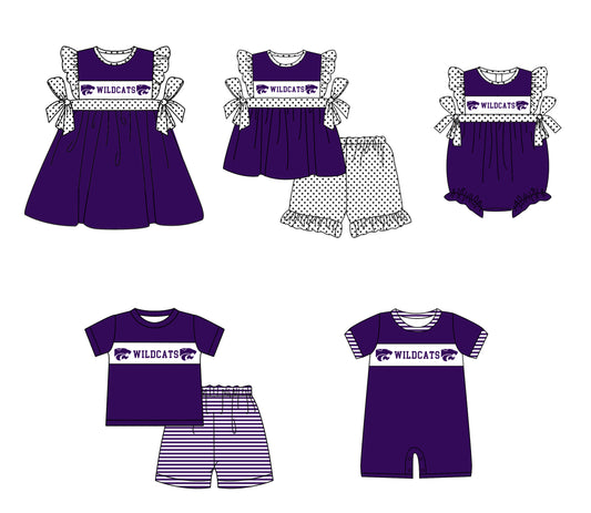( Moq 5 Each Style ) Baby Boys Girls Short Sleeves Team Sibling Purple Romper Dress Set
