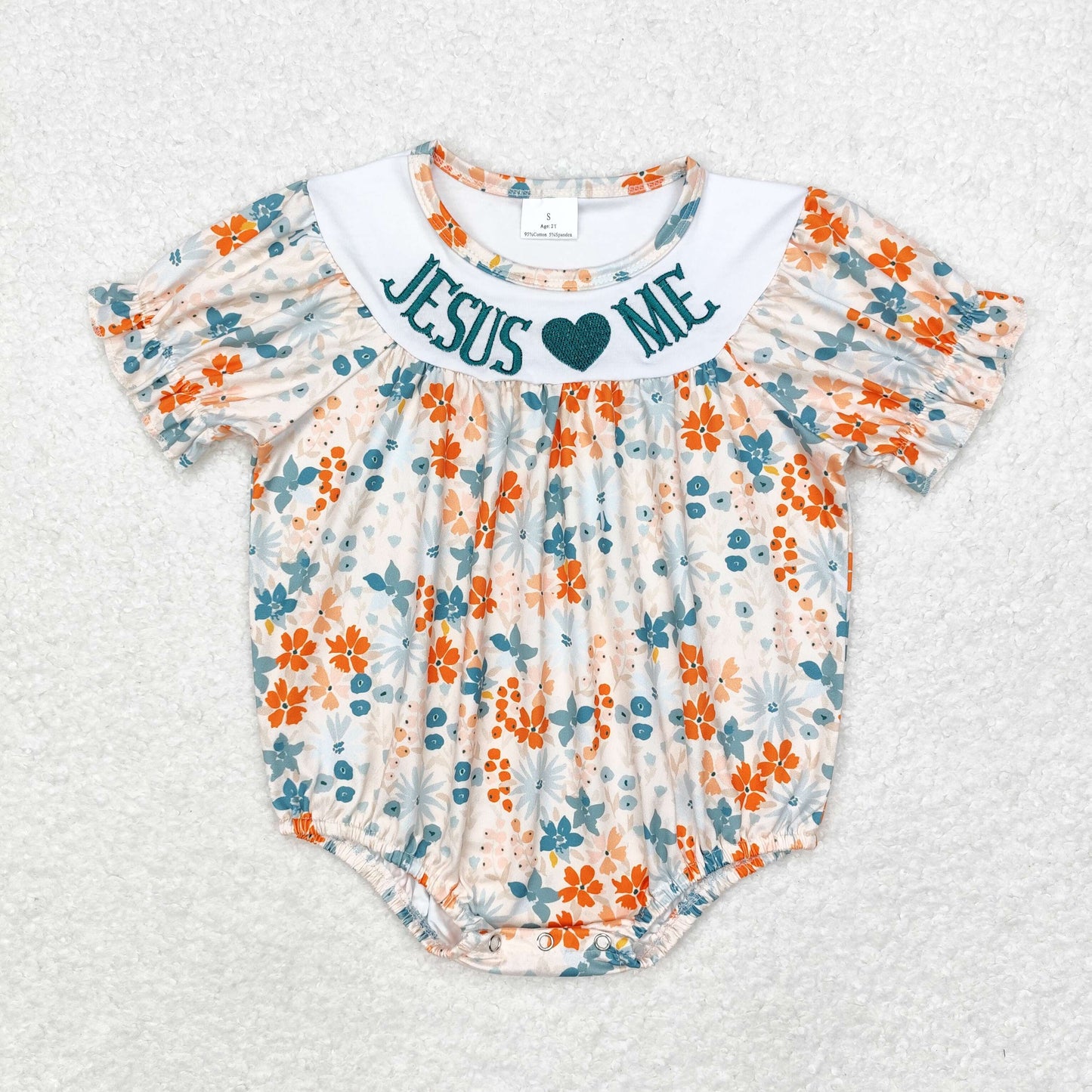 Baby Girl Embroidery Jesus Short Sleeves Love Me Flower Bubble Romper