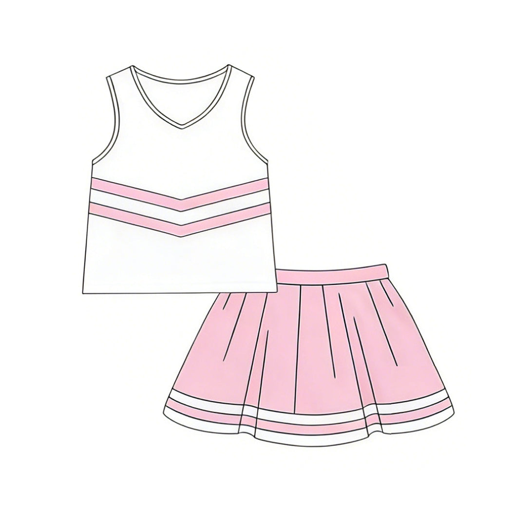 ( Moq 5 ) Preorder Baby Girl Kids Sleeveless Tops Pink Skirt Shorts Set Cheer Team Clothes