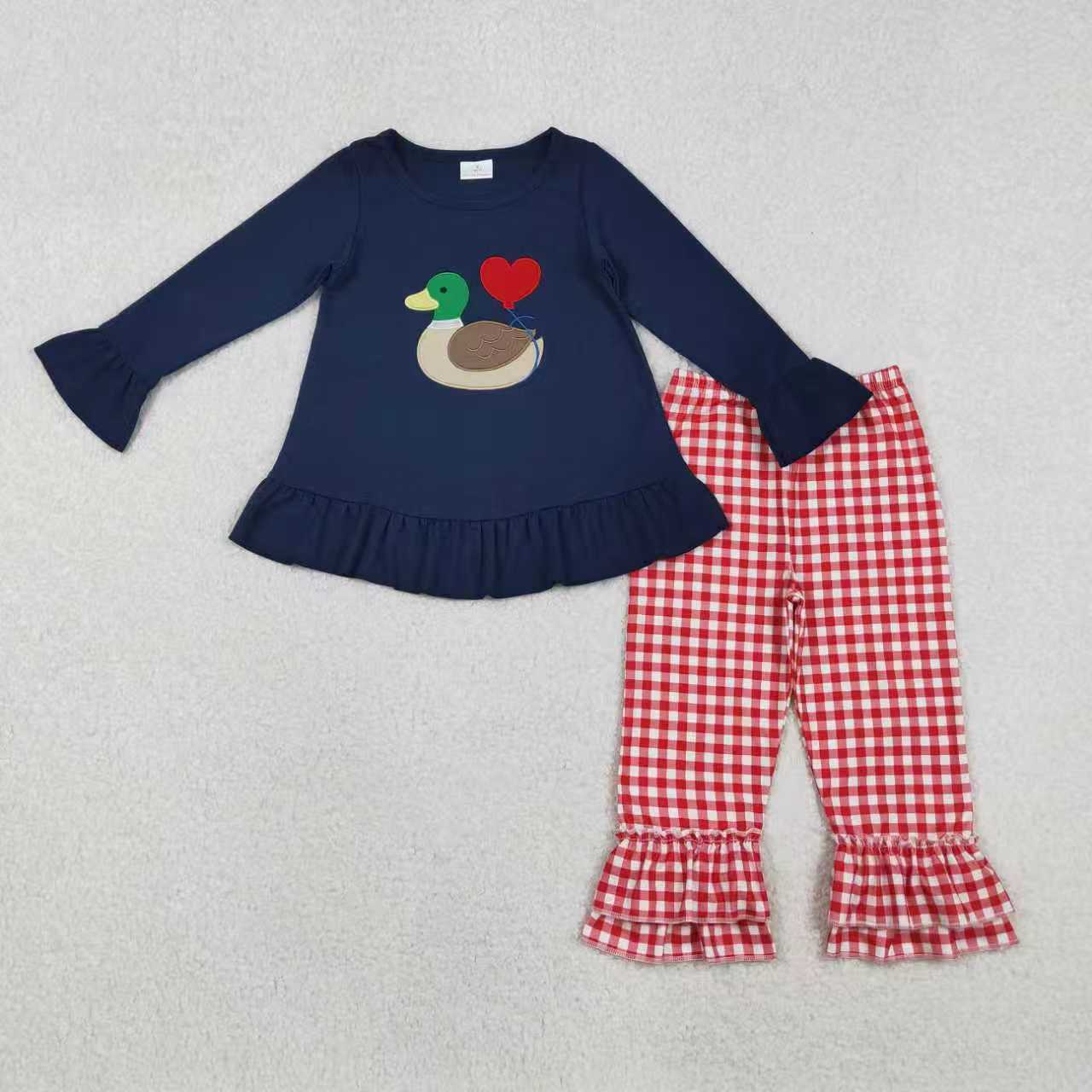 Sibling Boys Girls Kids Long Sleeves Embroidery Ducks Hearts Valentine's Day Rompers Sets RTS