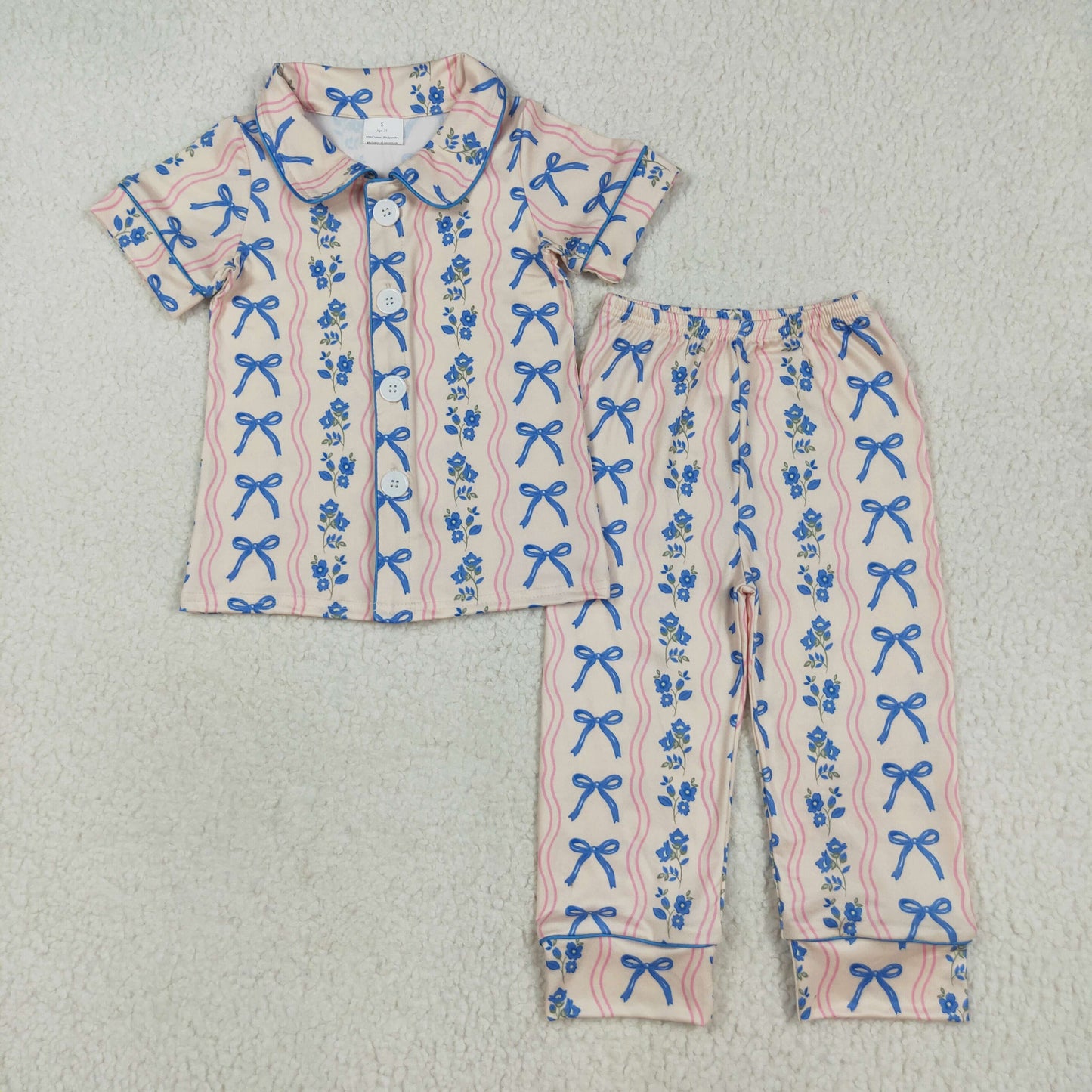 Baby Girl Short Sleeves Blue Bows Flower Buttons Shirt Pants Pajamas Set RTS