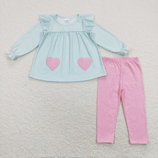 GLP1114 Valentine's Day Baby Girl Long Sleeves Embroidery Hearts Stripes Tunic Pink Cotton Leggings Pants Set