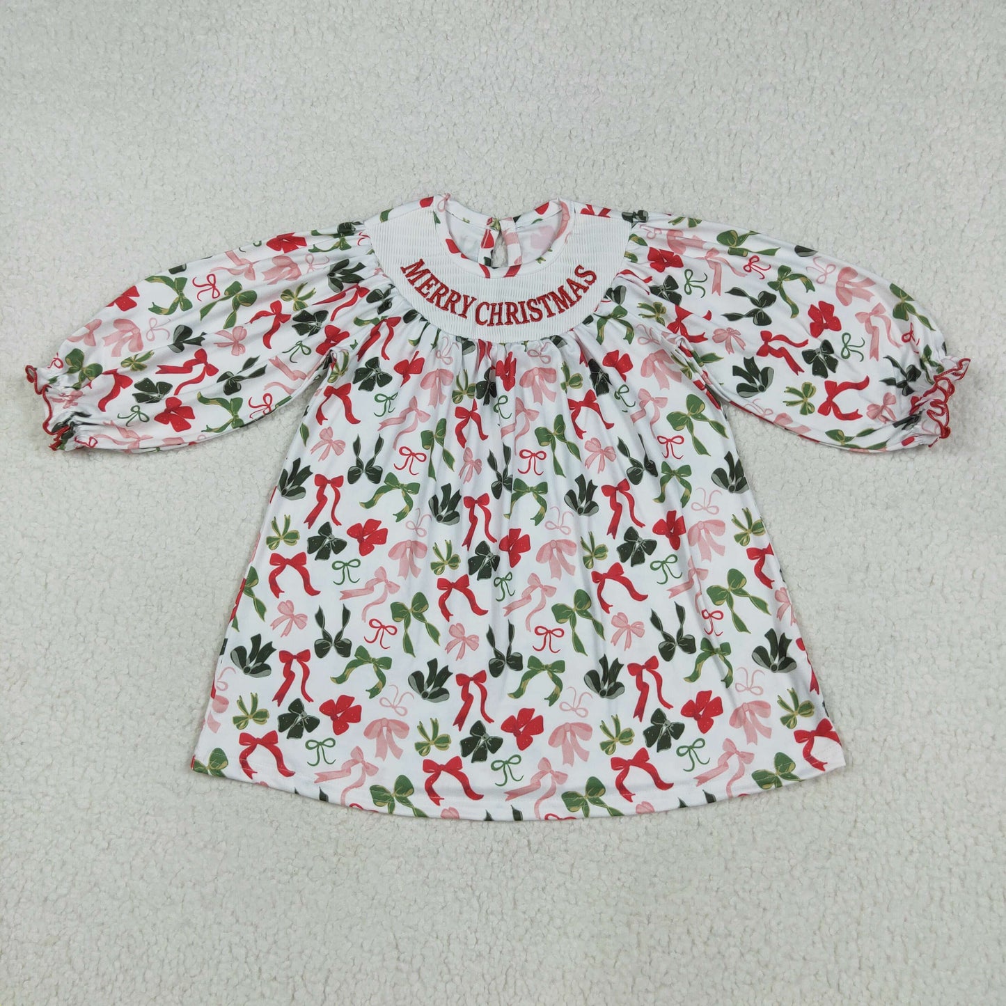 Baby Girl Long Sleeves Embroidery Merry Christmas Bows Smocked Dress RTS