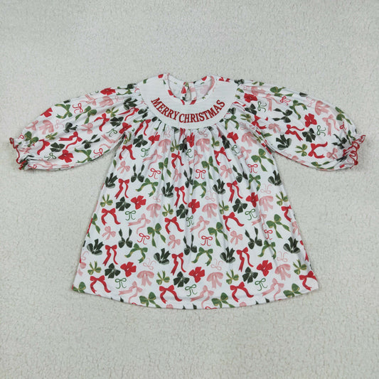 Baby Girl Long Sleeves Embroidery Merry Christmas Bows Smocked Dress RTS