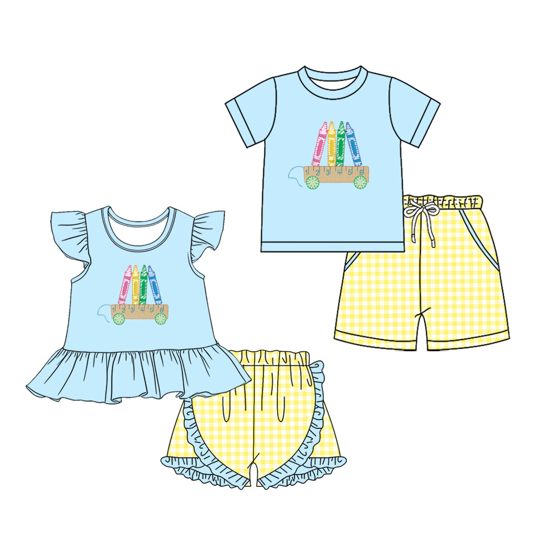 ( Moq 5 Each Style ) Sibling Baby Boys Girls Short Sleeves Back to School Shirts Shorts Sets
