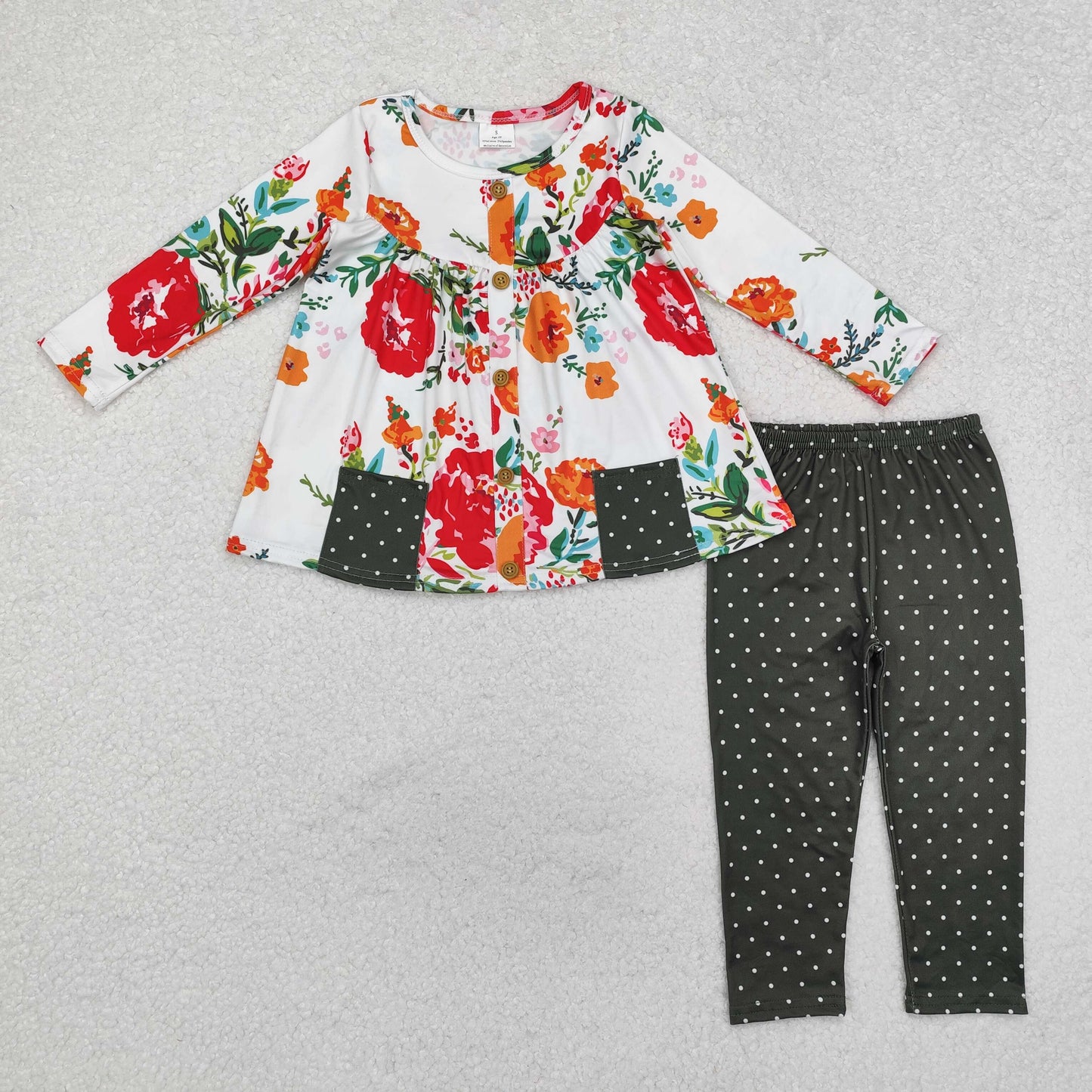 Baby Girl Long Sleeves Flower Pocket Tunic Green Legging Outfit Clothes Set