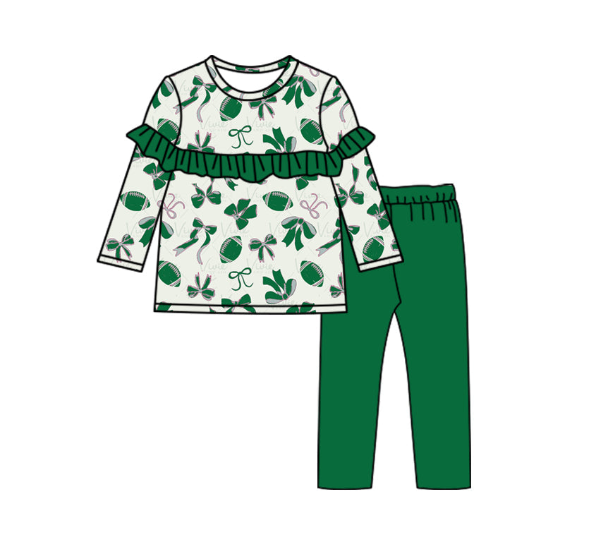 Baby Girls Football Bow Ruffle Tunic Green Pants Set