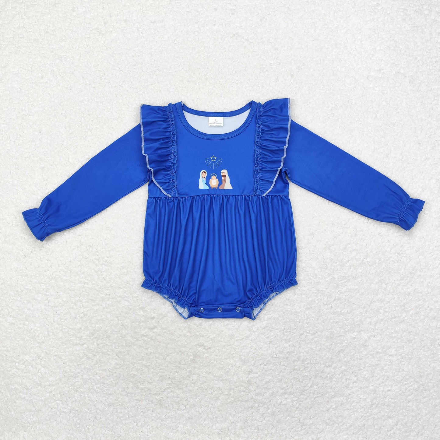 Baby Girl Long Sleeves Blue Nativity Christmas Ruffle Romper