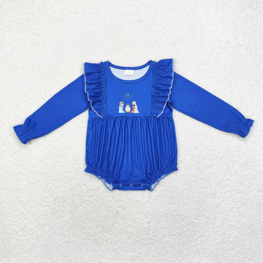 Baby Girl Long Sleeves Blue Nativity Christmas Ruffle Romper