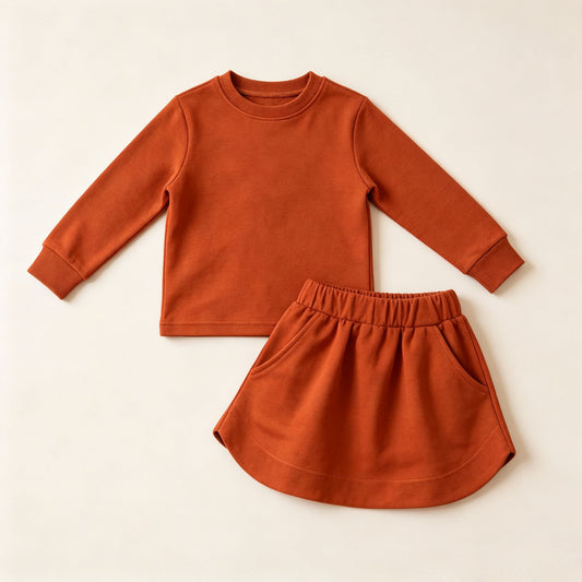 ( Moq 5 ) Preorder Baby Girls Kids Long Sleeves Brown Shirt Pockets Skirt Shorts Cotton Set Clothes