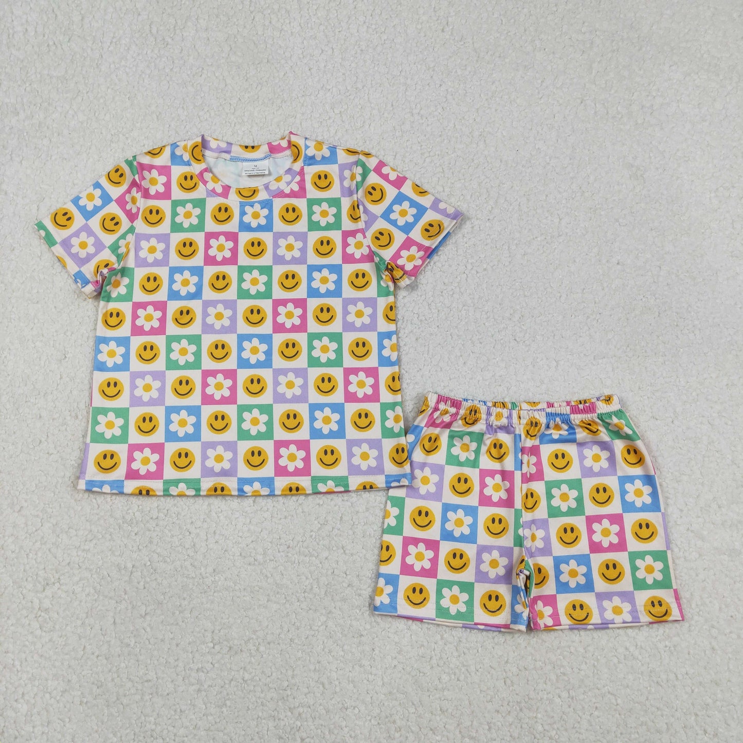 Baby Girls Short Sleeves Smile Flower Checked Shirt Shorts Clothes Set RTS