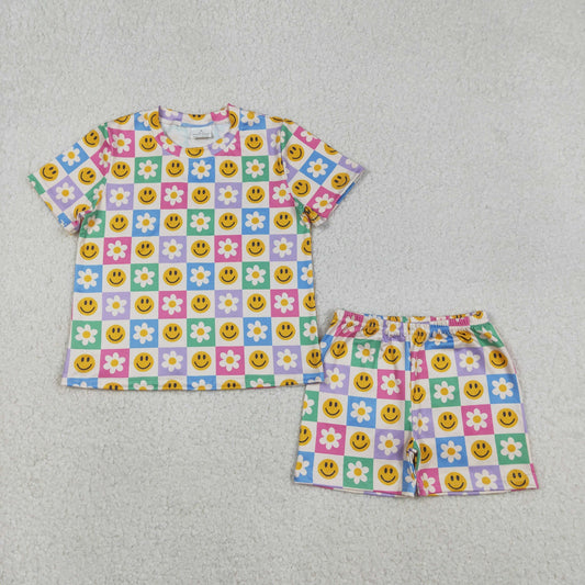 Baby Girls Short Sleeves Smile Flower Checked Shirt Shorts Clothes Set RTS
