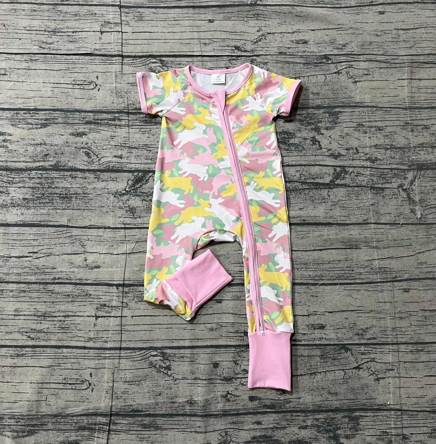 Baby Girls Short Sleeves Rabbits Camo Zipper Footie Easter Romper RTS
