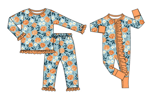 ( Moq 5 Each Style ) Sibling Baby Girl Kids Flower Ruffle Zipper Romper Set Pajamas Clothes