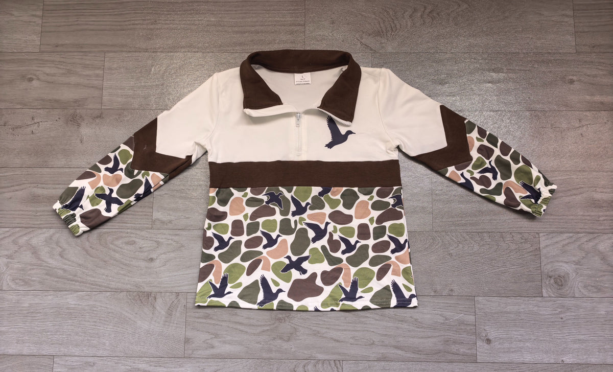 ( No moq ) Preorder Baby Boys Kids Long Sleeves Ducks Green Camo Zipper Pullover Shirt