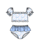 ( Moq 5 ) Preorder Baby Girls Kids Short Sleeves Flower Blue Bows Tops Brown Ruffle Shorts Set Swimsuit