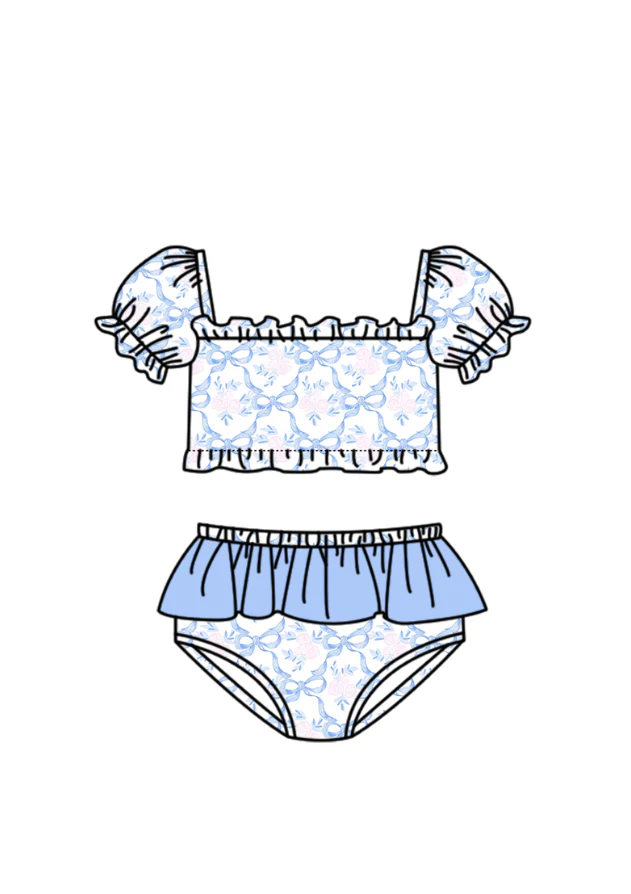 ( Moq 5 ) Preorder Baby Girls Kids Short Sleeves Flower Blue Bows Tops Brown Ruffle Shorts Set Swimsuit