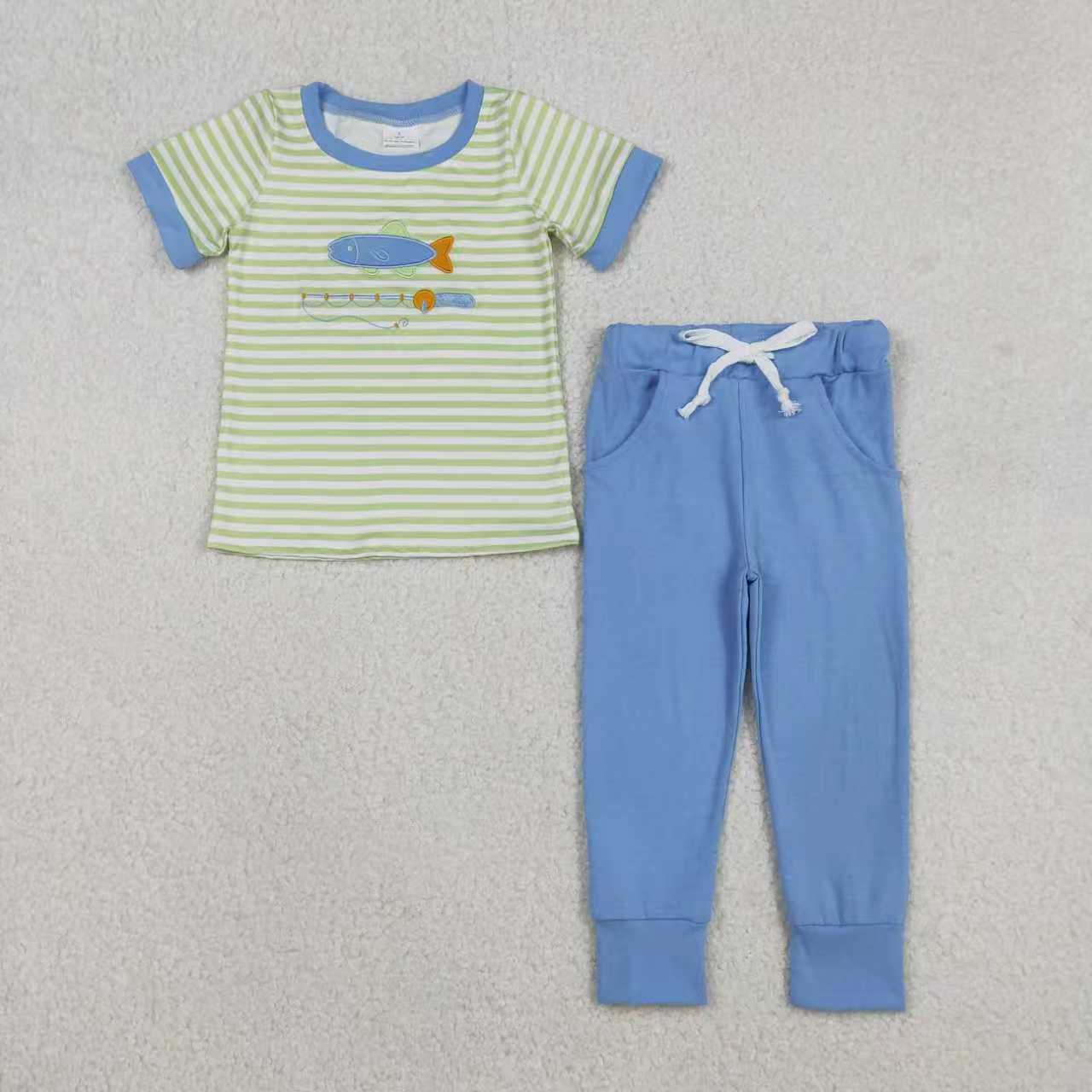 Sibling Baby Boys Kids Stripes Short Sleeves Embroidery Fishing Romper Set RTS