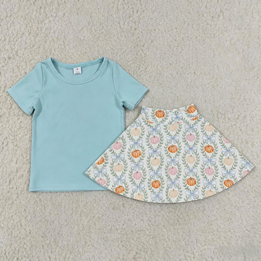 Baby Girls Kids Blue Shirt Pumpkins Bows Skirt Shorts Fall Set Yoga Active Thanksgiving Clothes RTS